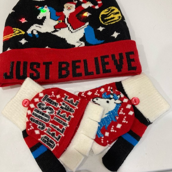 Just Believe Unicorn Santa Galaxy Aliens Stockinf Cap glove set - OS - lights up - Picture 3 of 11